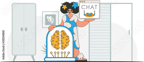 Картината върху платно ﻿Girl flaunting AI brain, fashionable look, vector graphic.