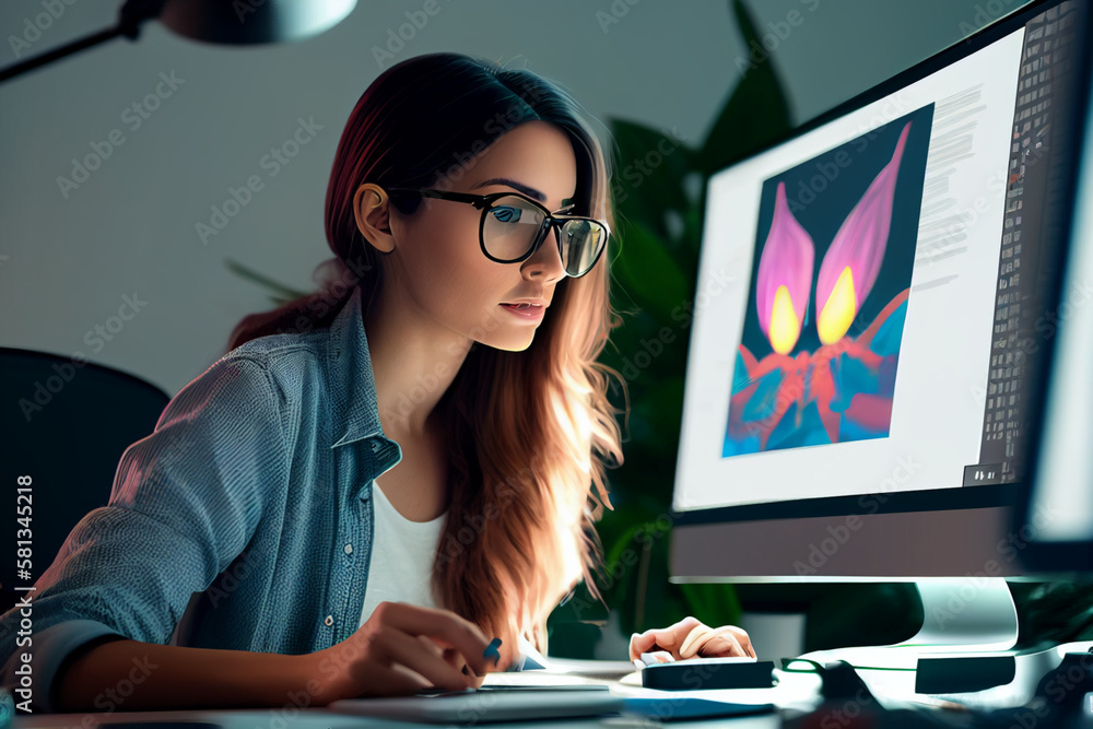 Young beautiful graphic designer employee wearing glasses working on computer screen.Computer and web design concept.Work from home graphic design jobs.
 - obrazy, fototapety, plakaty 