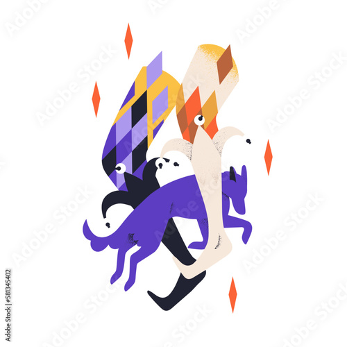 Fool, jokers legs in jesters boots. Buffon, comic funny harlequin symbol with dog. Abstract comedian. Fun, humour, entertainment concept. Flat vector illustration isolated on white background