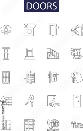 Doors line vector icons and signs. Entrance, Exit, Entry, Portal, Divide, Open, Close, Lock outline vector illustration set