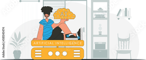 ﻿A man lifts a fashionable AI brain, vector illustration