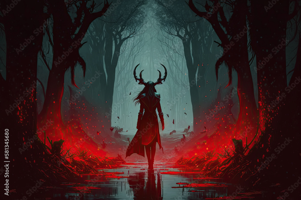 witch girl devil in a red dress in forest. Generative AI illustration witch girl devil in a red dress in forest. Generative AI illustration