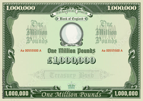 Vector fictitious UK one million dollars treasury bond. Green vintage frame with guilloche mesh. Banknote with a circle.