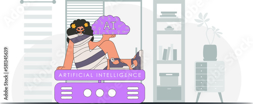 ﻿Girl holds AI brain, in a stylishly vectorised image. photo