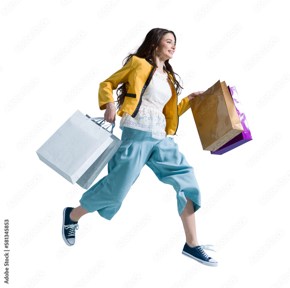 Cheerful happy woman enjoying shopping - obrazy, fototapety, plakaty 