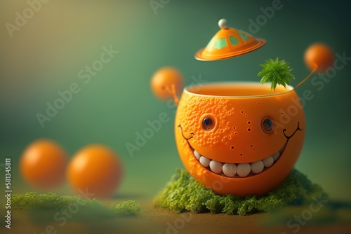 Cheerful Orange character smiling on green background. Created Generative ai