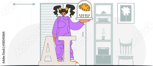 ﻿Girl holding an AI brain in a fashionable, vector-illustrated style.