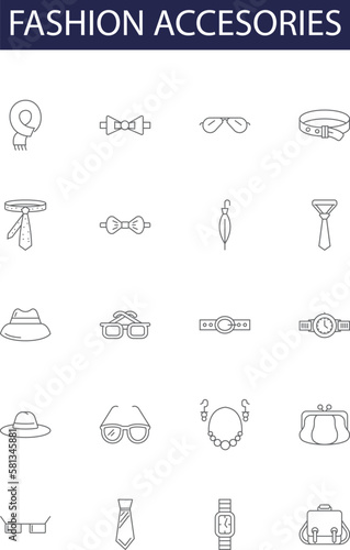 Fashion accesories line vector icons and signs. Sunglasses, Belts, Scarves, Hats, Brooches, Shoes, Wallets, Headbands outline vector illustration set photo