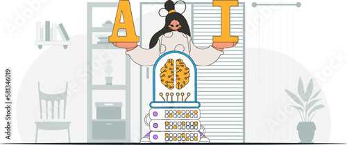 ﻿Girl with AI brain in a trendy style, vector illustration.