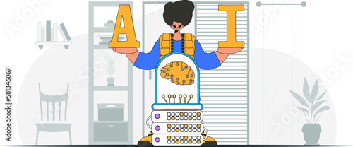 ﻿A man holding a brain in a fashionable style, illustrated using vector technology and artificial intelligence.