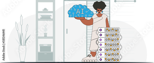 ﻿Girl in trendy style holds AI brain - vector illustration.