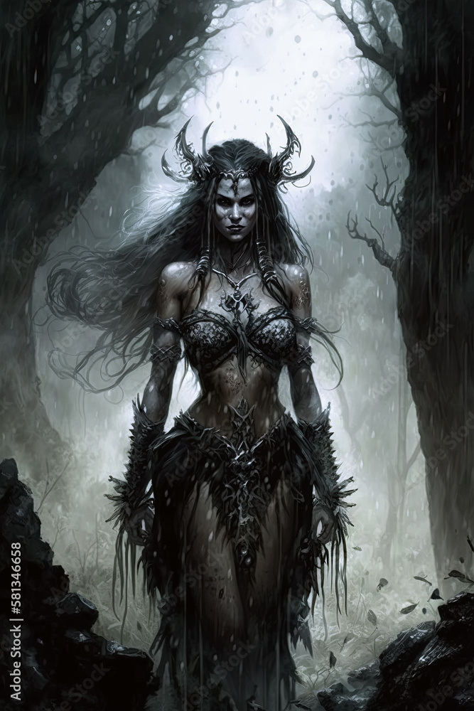 Fototapeta premium scary sexy woman witch devil with horns in forest. Generative AI illustration