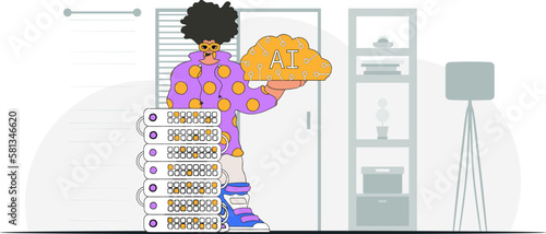 ﻿Man with AI brain, stylishly illustrated in vector form.