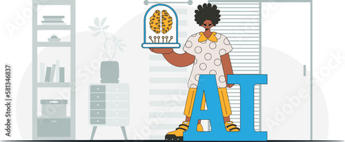 ﻿A man stylishly holding a vector illustration of an AI brain.