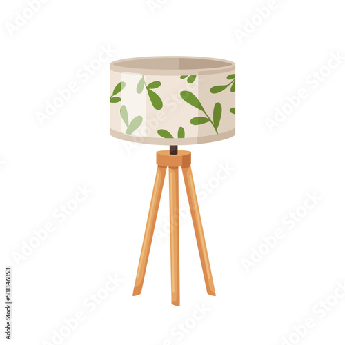 Floor lamp on wood legs. Electric light standing on wooden tripod, drum shade...