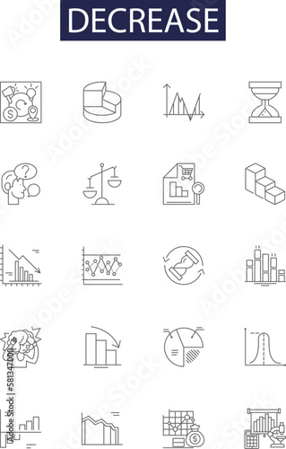 Decrease line vector icons and signs. Shrink, Reduce, Diminish, Halt, Retreat, Drop, Weaken, Fall outline vector illustration set