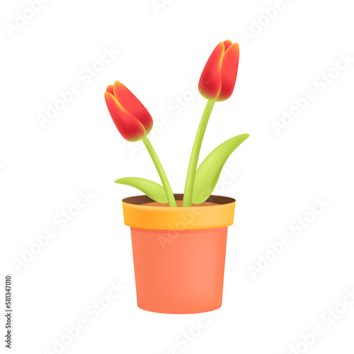 Red tulips in orange flowerpot 3D illustration. Cartoon drawing of beautiful flowers growing in pot for office, home or gift in 3D style on white background. Nature, houseplants, decor, botany concept