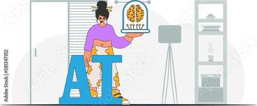 ﻿Girl in stylish outfit holds AI brain illustration in vector format.