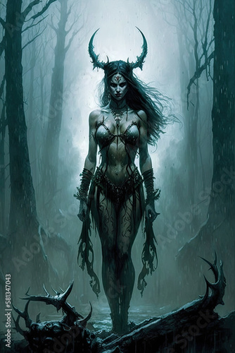 scary sexy woman witch devil with horns in forest. Generative AI illustration © alexkoral