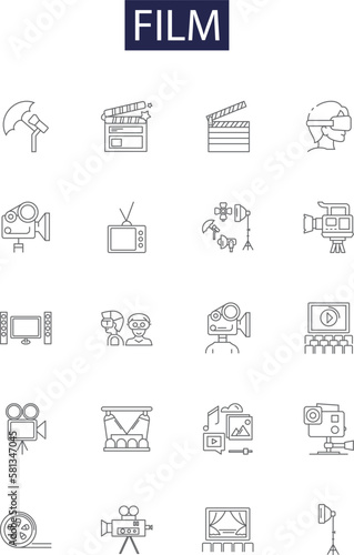 Film line vector icons and signs. Cinema, Movie-making, Movies, Flicks, Cinema-house, Blockbuster, Reel, Footage outline vector illustration set