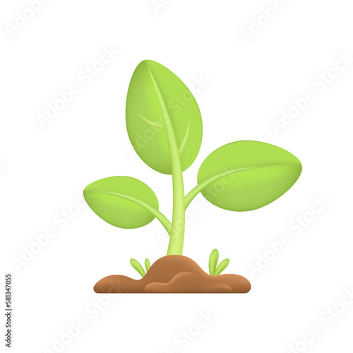 Sprout of growing plant in ground 3D illustration. Cartoon drawing of green leaves coming out of soil in 3D style on white background. Nature, spring, growth, development, ecology concept