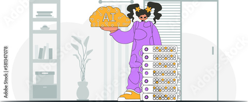 ﻿Girl stylishly poses with a brain AI, in a trendy vector illustration.
