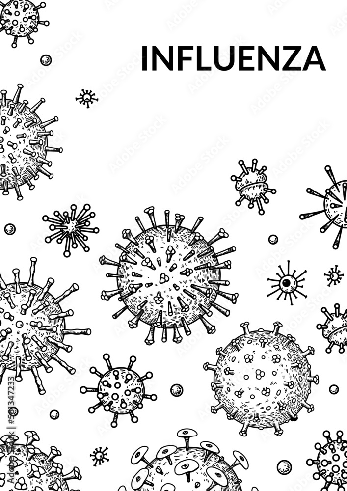 Virus vertical background in sketch style. Hand drawn bacteria, germ ...