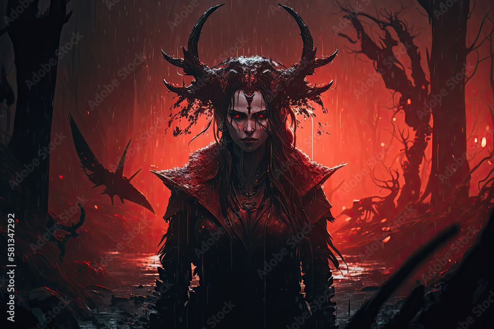 terrible witch woman devil with horns in forest. Generative AI illustration