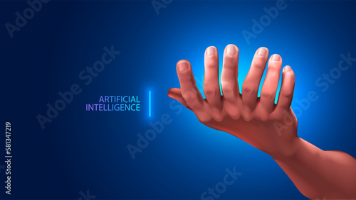 AI generate image of human hand with many fingers. Artificial Intelligence generation picture palm with 7 fingers. Neural network glitch. Error AI painting. Mistake of works of Neural networks.