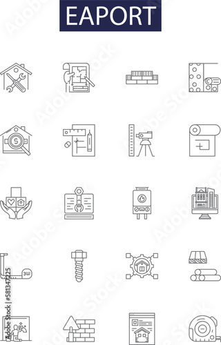 Eaport line vector icons and signs. Departures, Arrivals, Terminals, Security, Flight, Baggage, Customs, Immigration outline vector illustration set