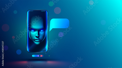 Chatbot with AI dialogue with user through phone app. Artificial intelligence online chat bot on screen smartphone. Face of futuristic woman on Avatar or userpic in chat. Online support technology.