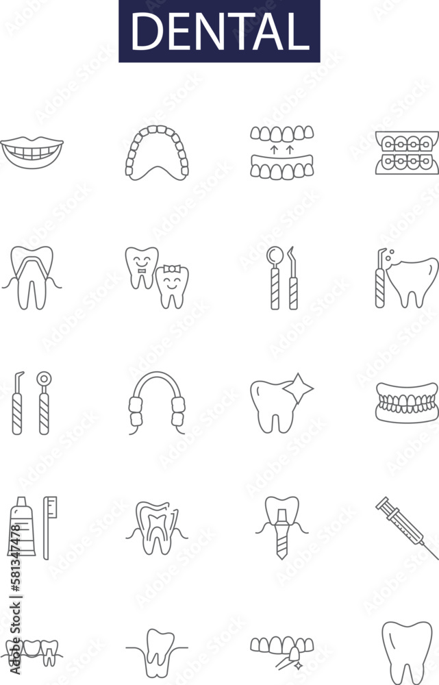 Dental line vector icons and signs. Cavity, Brushing, Flossing