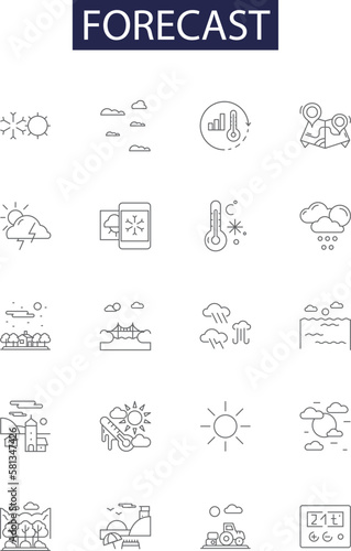 Forecast line vector icons and signs. Anticipate, Foretell, Foresee, Presage, Forecast, Foreshadows, Conjecture, Prognosticate outline vector illustration set