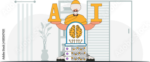 ﻿Man holds trendy, AI-brain vector illustration.