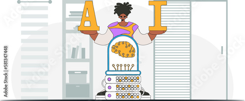 ﻿Man with fashionably-styled AI brain, drawn in vector art.