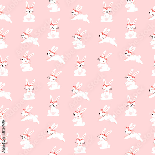 Vector color hand-drawn children cute easter seamless pattern with hens, bunny, easter eggs, flowers in scandinavian style. Easter colorful set. Doodle cartoon spring background. Happy easter.