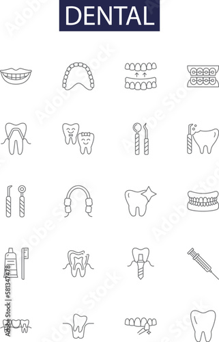Dental line vector icons and signs. Cavity, Brushing, Flossing, Orthodontic, Crowns, Tartar, Vennering, Hygiene outline vector illustration set