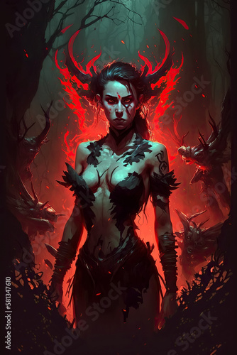 terrible witch woman devil with horns in forest. Generative AI illustration