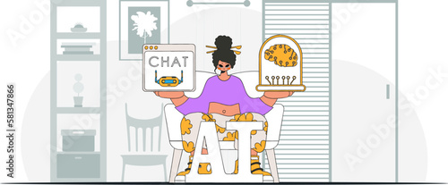 ﻿Girl using AI brain, modern look, vector art.