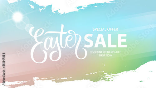 Easter Sale promotional banner. Easter season background with brush strokes hand lettering for Easter holiday shopping and advertising. Vector illustration.