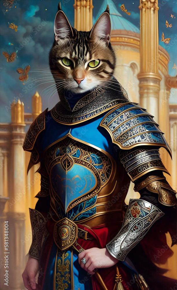 Fototapeta premium fantasy knight with armor and head in the shape of a cat, generative ai illustration, these depiction is fictitious and generated