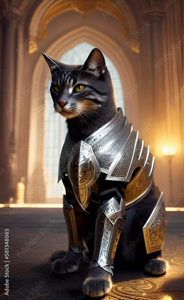 fantasy knight with armor and head in the shape of a cat, generative ai ...