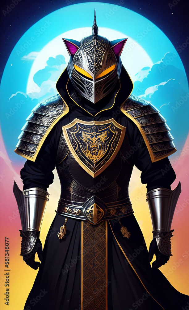 Fototapeta premium fantasy knight with armor and head in the shape of a cat, generative ai illustration, these depiction is fictitious and generated