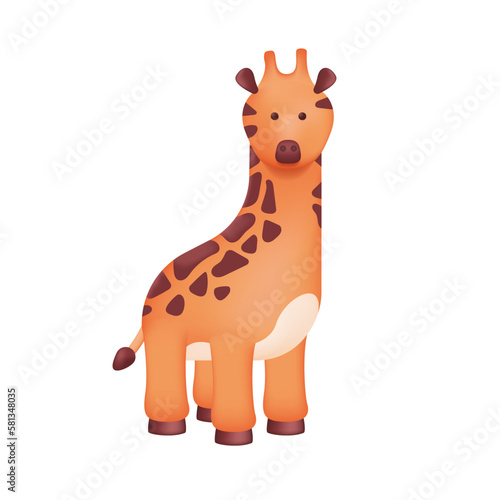 Cute giraffe toy for children 3D illustration. Cartoon drawing of spotted wild animal with long neck  zoo mascot in 3D style on white background. Nature  wildlife  childhood concept