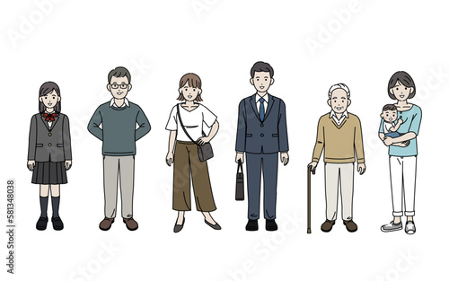 様々な年齢層の人物、男女の全身イラストセット