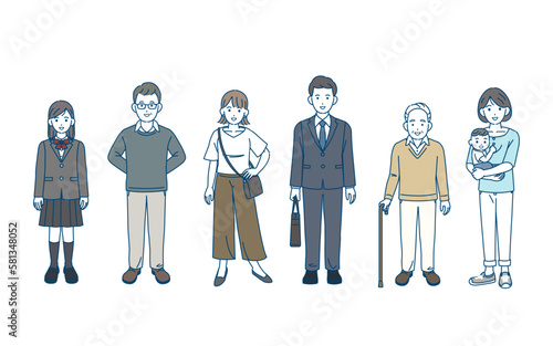 様々な年齢層の人物、男女の全身イラストセット