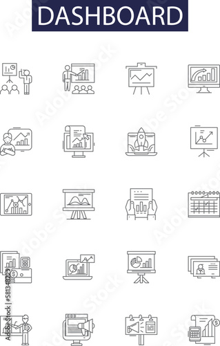 Dashboard line vector icons and signs. Control, Monitor, Panel, Gauge, Screen, Metrics, View, Access outline vector illustration set