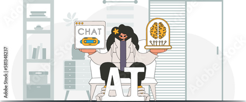﻿Girl with an AI-powered brain in a fashionable style, as a vector pic.