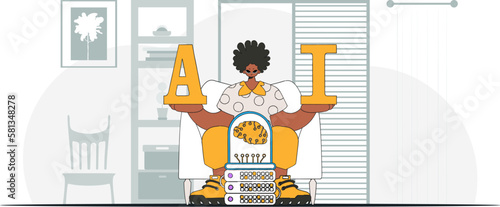﻿Man holding AI-infused brain, stylishly rendered vector illustration.