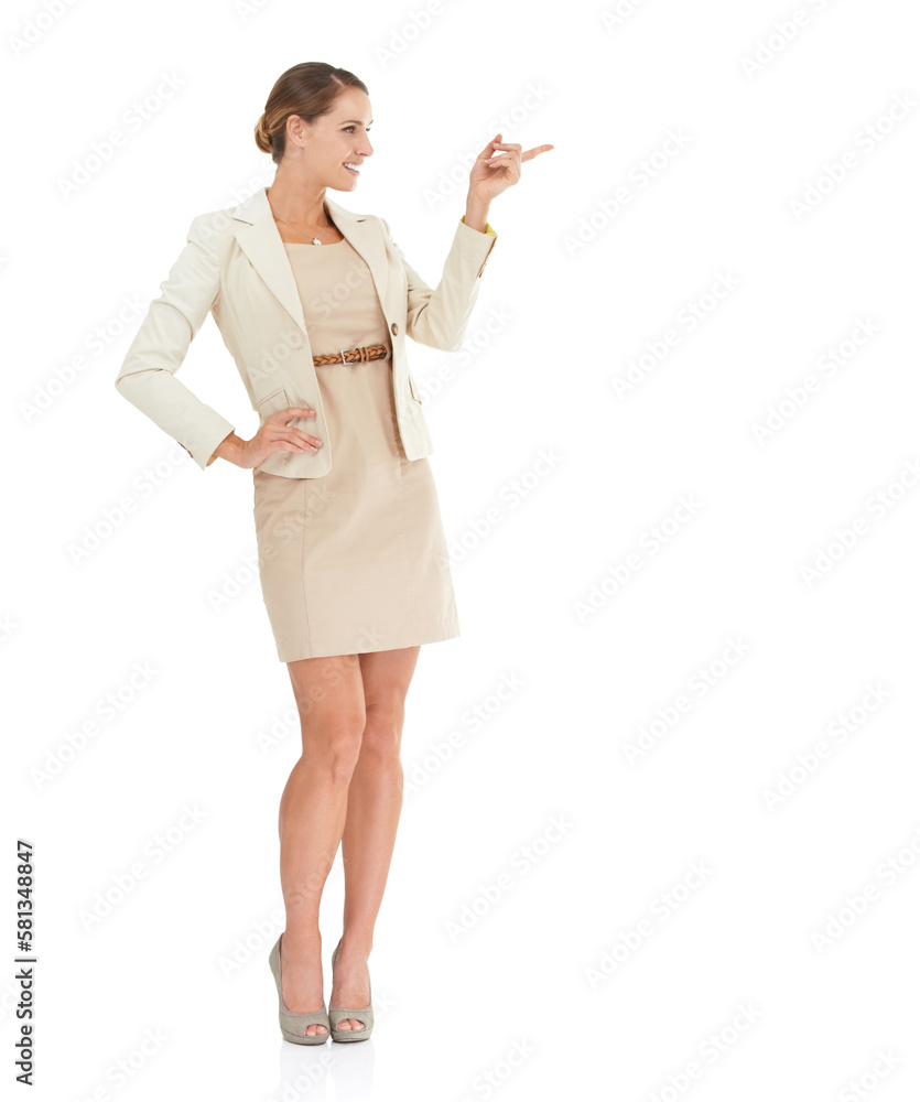 Showing you the solution. A beautiful businesswoman pointing towards copyspace against a white background. Showing you the solution. A beautiful businesswoman pointing towards copyspace against a white background.